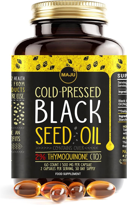 Maju Superfoods Black Seed Oil Capsules - Cold Pressed, 2% Thymoquinone, 100% Turkish Black Cumin Nigella Sativa Seed Oil, Liquid Pure Blackseed 60 Count, 500mg per Capsule