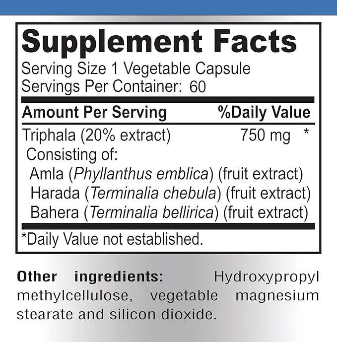 Triphala Capsules - Combination of Amla, Harada (Haritaki) & Bahera (Bibhitaki) - Digestion & Colon Support, Immune System Support - 60 Capsules