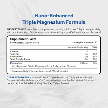 Triple Magnesium Complex | Vegan Magnesium Glycinate, Citrate & Oxide 250mg | Easily Absorbed Magnesium Supplement for Stress, Muscle, Heart, Bone Support | 60 Veggie Softgels