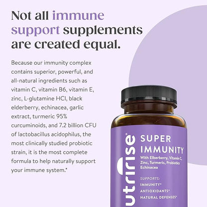 NutriRise Immunity Complex Immune Support Supplement with Vitamin C, E, B6, Zinc, Turmeric Curcumin, Elderberry, Echinacea, 7.2 Billion CFU Probiotics for Gut Health, 90 Count