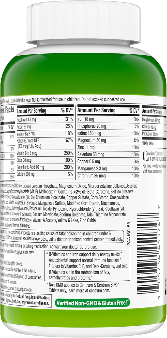 Centrum Adult Multivitamin/Multimineral Supplement with Antioxidants, Zinc, Vitamin D3 and B Vitamins, Gluten Free, Non-GMO Ingredients - 200 Count