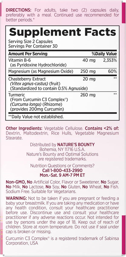 Nature's Bounty Optimal Solutions Advanced PMS Relief for Menstrual Cycle Support; Period Relief; PMS Support Supplement for Women – Chasteberry; Hormone-Free; 60 Capsules