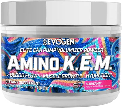 Evogen Amino K.E.M. - EAA & BCAA Powder Pump Volumizer | BCAAs Amino Acids Supplement for Blood Flow, Muscle Growth, & Hydration | Sour Candy | 30 Servings