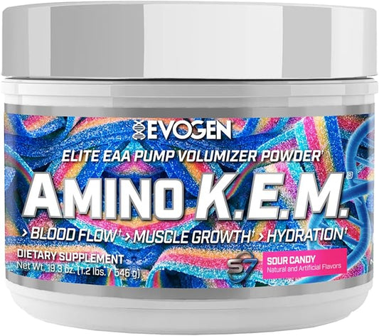 Evogen Amino K.E.M. - EAA & BCAA Powder Pump Volumizer | BCAAs Amino Acids Supplement for Blood Flow, Muscle Growth, & Hydration | Sour Candy | 30 Servings