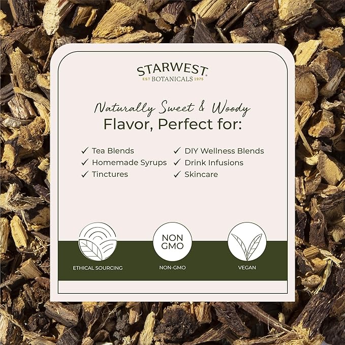 Starwest Botanicals Organic Dried Licorice Root - Herb for Loose Leaf Tea Blends, Candy, & Baked Goods, Cut & Sifted, Certified Kosher, Non-GMO - Bulk 1 lb Bag