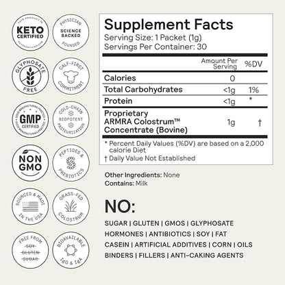 ARMRA Colostrum™ Premium Powder, Grass Fed, Gut Health Bloating Immunity Skin & Hair, Contains 400+ Bioactive Nutrients, Potent Bioavailable, Keto, Gluten & Fat Free (Unflavored | 30 Servings)