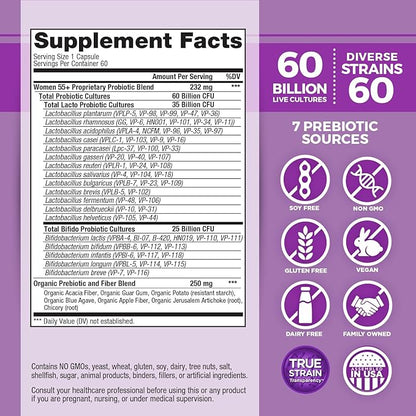 Vital Planet - Vital Flora Women Over 55 Daily Probiotic, 60 Billion CFU, Diverse Strains, Organic Prebiotics, Vaginal and Immune Support, Digestive Health Probiotics for Women 60 Capsules