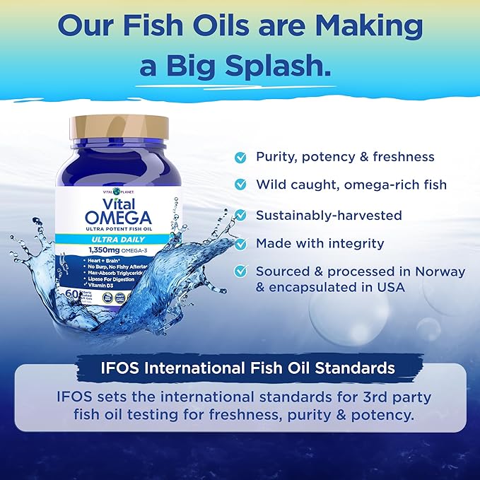 Vital Planet - Vital Omega 3 Fish Oil Ultra Daily Supplement with 1350mg of 2X Strength High Potency Cold Water Wild Caught Omega 3 Fatty Acid Supplements EPA DHA and DPA for Heart Health 60 Softgels