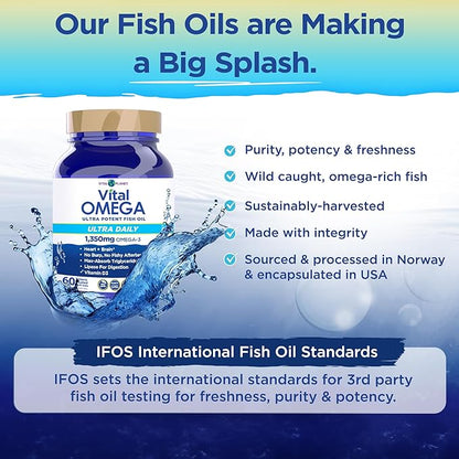 Vital Planet - Vital Omega 3 Fish Oil Ultra Daily Supplement with 1350mg of 2X Strength High Potency Cold Water Wild Caught Omega 3 Fatty Acid Supplements EPA DHA and DPA for Heart Health 60 Softgels