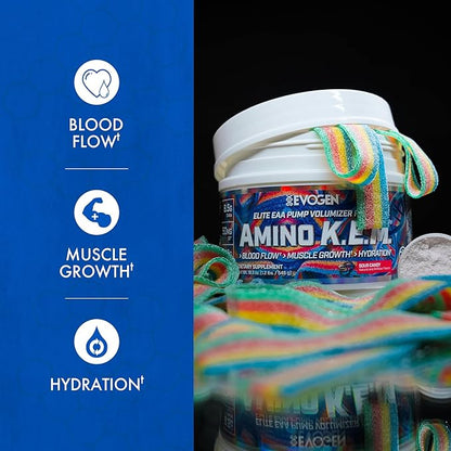 Evogen Amino K.E.M. - EAA & BCAA Powder Pump Volumizer | BCAAs Amino Acids Supplement for Blood Flow, Muscle Growth, & Hydration | Sour Candy | 30 Servings