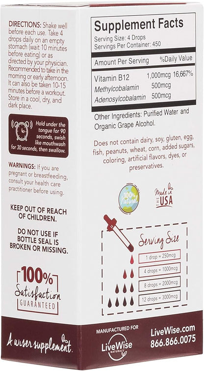 Liquid B12 Vitamin Sublingual – All-Natural Liquid Vitamin Vegan B12 Drops – Non-GMO Adenosylcobalamin Methylcobalamin B12 Supplement – Boost Your Immune System, Metabolism, Energy and Focus!