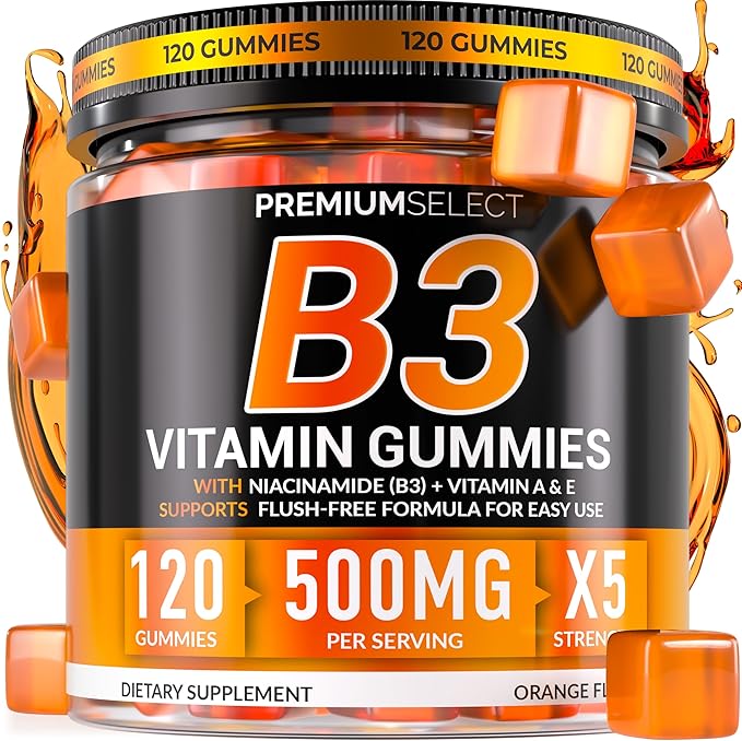 Vitamin B3 Gummies Niacinamide 500mg - 120 Gummies Supplement For Adults + Vitamins A & E – Flush Free Niacin 500mg for Skin, Energy & Metabolism – Vegan, Non-GMO, Sugar Free – 2-Month Supply