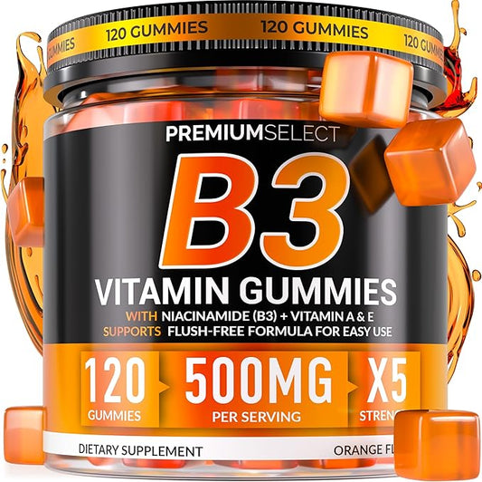 Vitamin B3 Gummies Niacinamide 500mg - 120 Gummies Supplement For Adults + Vitamins A & E – Flush Free Niacin 500mg for Skin, Energy & Metabolism – Vegan, Non-GMO, Sugar Free – 2-Month Supply
