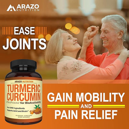 Arazo Nutrition Turmeric Curcumin with BioPerine 1300mg with Black Pepper - Joint Support Nutritional Supplements - 100% Herbal Tumeric Root Capsules