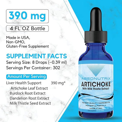 Absonutrix Artichoke with Milk Thistle Extract, 390 mg, 4 FL OZ Liquid, 302 Servings, Made in USA, Potent Plant-Based Ingredients, Burdock Root Extract, Dandelion Root Extract, Gluten-Free, Non-GMO