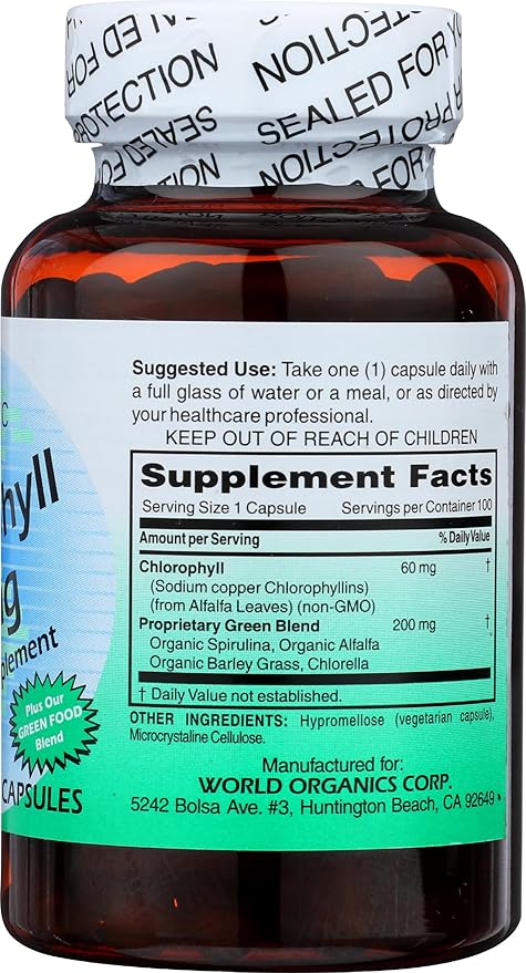 WORLD ORGANIC Chlorophyll 100 mg 60 Capsules, 0.02 Pound