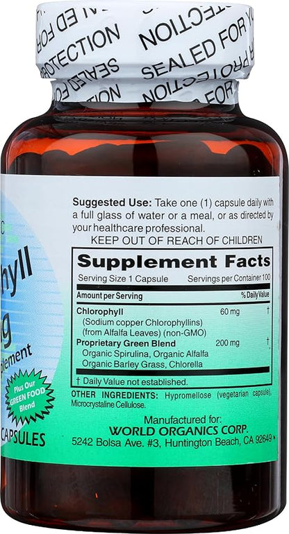 WORLD ORGANIC Chlorophyll 100 mg 60 Capsules, 0.02 Pound