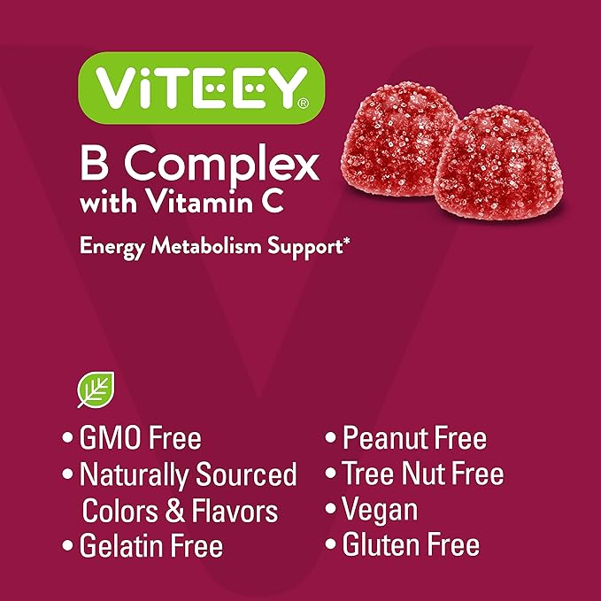 Vitamin B Complex Gummies for Adults with Vitamin C, B6, B12, Niacinamide, Folic Acid, Biotin, Calcium - Supports Energy & Metabolism - Vegan, Gluten Free, Gelatin Free - Chewable Strawberry Flavored