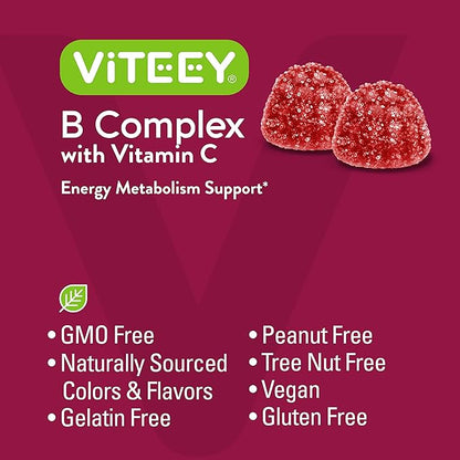 Vitamin B Complex Gummies for Adults with Vitamin C, B6, B12, Niacinamide, Folic Acid, Biotin, Calcium - Supports Energy & Metabolism - Vegan, Gluten Free, Gelatin Free - Chewable Strawberry Flavored