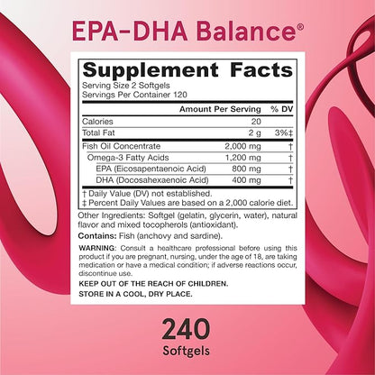Jarrow Formulas EPA-DHA Balance, 1,200 mg Omega-3 Fatty Acids for Cardiovascular Support, 240 Softgels, 120 Day Supply