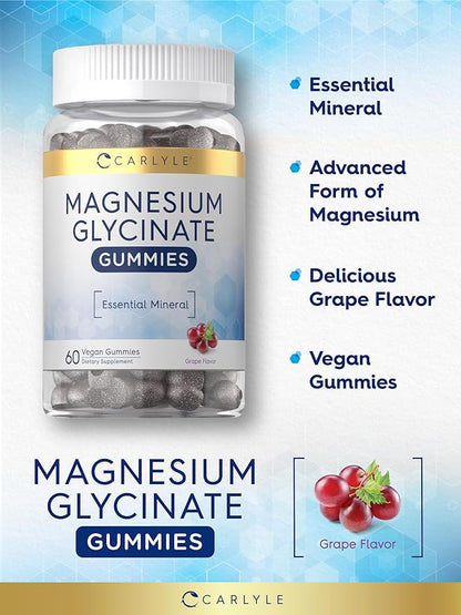 Carlyle Magnesium Glycinate Gummies | 60 Count | Grape Flavor | Vegan, Non-GMO, Gluten Free Supplement