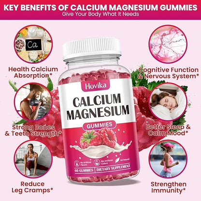 Calcium Magnesium Zinc Gummies, Calcium Magnesium 2:1 Ratio with Vitamin D3, K2, B6, B12 for Bone Strength, Muscle Function & Nerve Health, Extra Absorption Formula, Vegan, Raspberry Flavor 60 Gummies