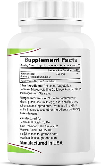 Health As It Ought To Be Fresh Berberine 450mg Supplement | Contains Only Berberine | No Preservatives | 120 Capsules
