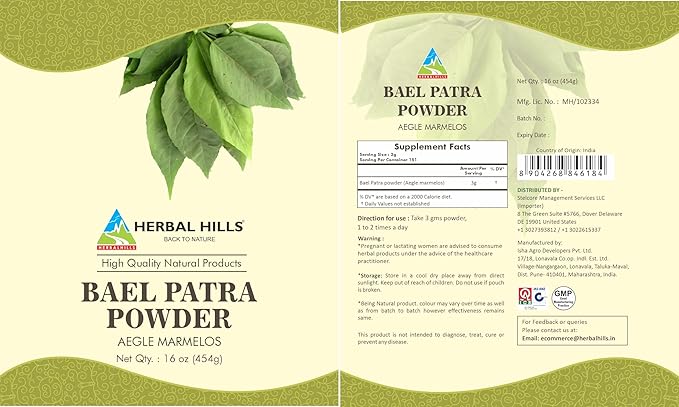 HERBAL HILLS Bael Patra Powder Bael Leaf Bilva Powder Aegle Marmelos 16 Oz, Pack of 1