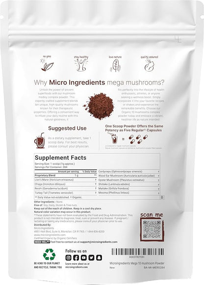 Micro Ingredients Organic Mega Mushroom 10 in 1 Complex Formula Powder for Immune System Booster, 10 Ounce (284 Days Supply), Chaga, Lions Mane, Cordyceps, Reishi & More, Filler Free, Vegan