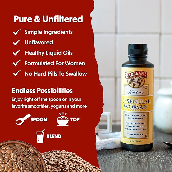 Barlean's Essential Woman Liquid Supplement for Women, Organic Flaxseed, Evening Primrose Oil and Soy Isoflavones, Omega 3 6 9 and GLA, 12 oz