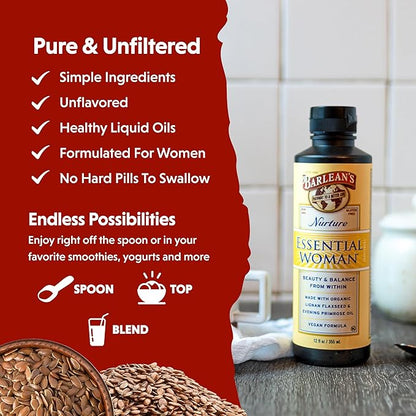 Barlean's Essential Woman Liquid Supplement for Women, Organic Flaxseed, Evening Primrose Oil and Soy Isoflavones, Omega 3 6 9 and GLA, 12 oz