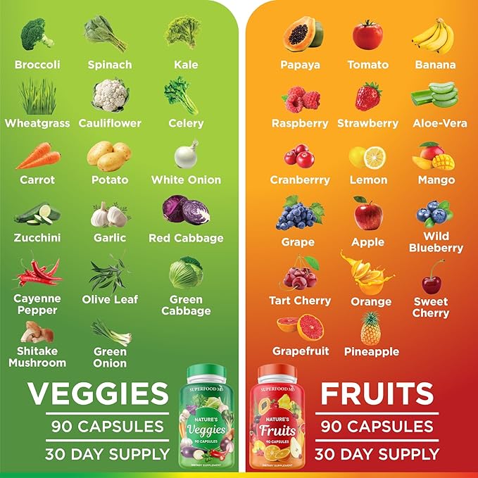 Superfood 180 Fruit and 180 Veggie Capsules - Whole Food Natural Superfoods - Maintain Energy Levels, with Aloe Vera - Soy Free (90 Count (Pack of 4)