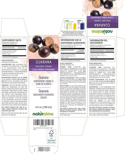 Naturalma Guarana (Paullinia cupana) Seed Alcohol-Free Tincture - 4 fl oz Liquid Extract in Drops - Herbal Supplement - Vegan