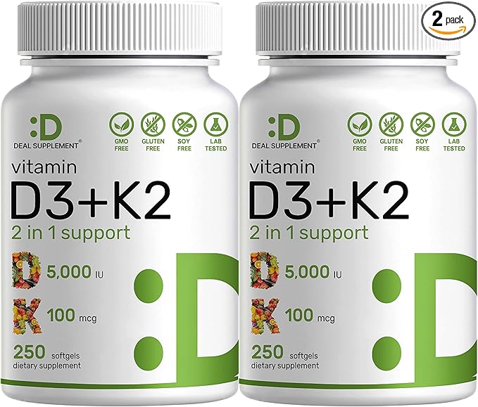 DEAL SUPPLEMENT 2 Pack Vitamin D3 K2 Softgel, 250 Count, 2-1 Complex, Vitamin D3 5000 IU & Vitamin K2 MK7, Promotes Heart, Bone & Teeth Health – Very Easy to Swallow