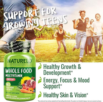 NATURELO Teen Multivitamin - Whole Food Multivitamin - with Minerals for Teenage Boys & Girls - Supplement for Active Kids - Non-GMO - Vegan & Vegetarian - 180 Capsules