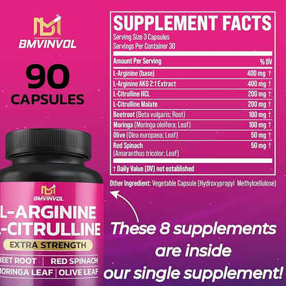 BMVINVOL L Arginine L Citrulline Supplement Plus Beet Root, Moringa, Olive, Red Spinach for Support Energy Levels - 90 Capsules
