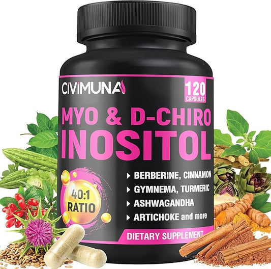 Inositol Supplement - Myo-Inositol and D-Chiro Inositol Plus Ashwagandha, Berberine, Cinnamon and 5 Mores - 120 Capsules