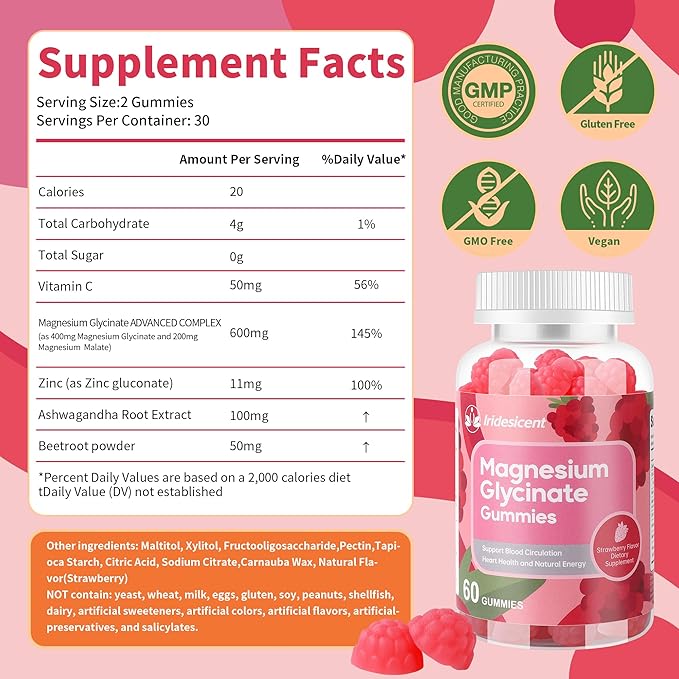 Magnesium Glycinate Gummies 400mg, Sugar Free Magnesium Supplement w/Ashwagandha, Zinc, Vegan Magnesium Glycinate Supplement for Adults - 120 Strawberry Gummies