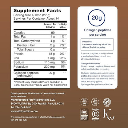Vital Proteins Collagen Peptides Powder - Chocolate Powder for Hair, Nail, Skin, Bone & Joint Health, 13.5oz