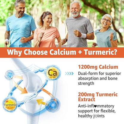Calcium Gummies with Turmeric for Women & Men - Calcium 1200mg with Vitamin D3 K2 B12 5000 IU & Zinc, Suger-Free Calcium Supplements for Bone, Muscle & Immune Support - Vegan(120 Count)