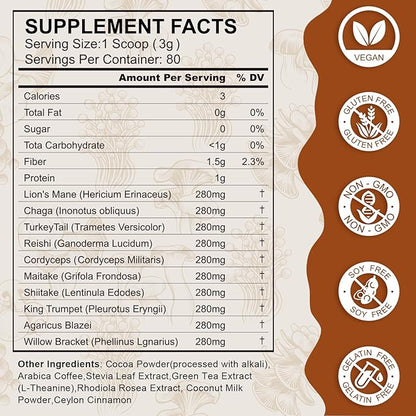 Mushroom Coffee Powder Organic (80 Servings) Instant Coffee Natural Ingredients - Lion's Mane, Cordyceps, Reishi, Chaga Mushrooms Powder Supplement Better Focus and Immunity, Gut Digestion
