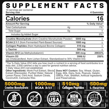 Men's & Women's Creatine Monohydrate Gummies Complex, 6-in-1 Chewable Pre-Workout Creatine with BCAA, Collagen Peptides, L-Taurine, 30 Servings, Natural Lemon Flavor - 60 Count (Pack of 2)