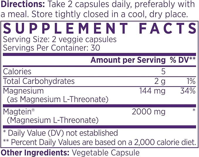 NAOMI Magnesium L-Threonate with 2,000mg Patented Magtein®, High Absorption Elemental Magnesium, Memory Supplement - Brain Health, Focus, Nerve Support, Heart Health, Natural Sleep Aid, 60 Veggie Caps