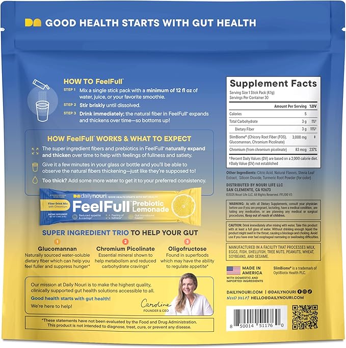 Daily Nouri FeelFull Prebiotic Fiber Drink Mix with Glucomannan & Chromium | for Natural Feeling of Fullness, Appetite & Cravings Support, Gut Microbiome & Metabolic Health | 30 Stick Packs