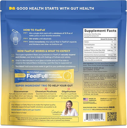 Daily Nouri FeelFull Prebiotic Fiber Drink Mix with Glucomannan & Chromium | for Natural Feeling of Fullness, Appetite & Cravings Support, Gut Microbiome & Metabolic Health | 30 Stick Packs