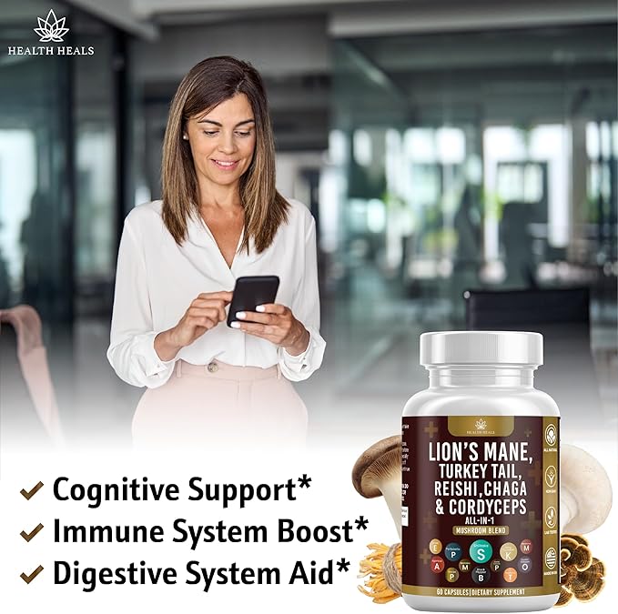 Mushroom Supplement with Lion's Mane Turkey Tail Reishi Cordyceps Chaga Marshmallow Root - 60 Count