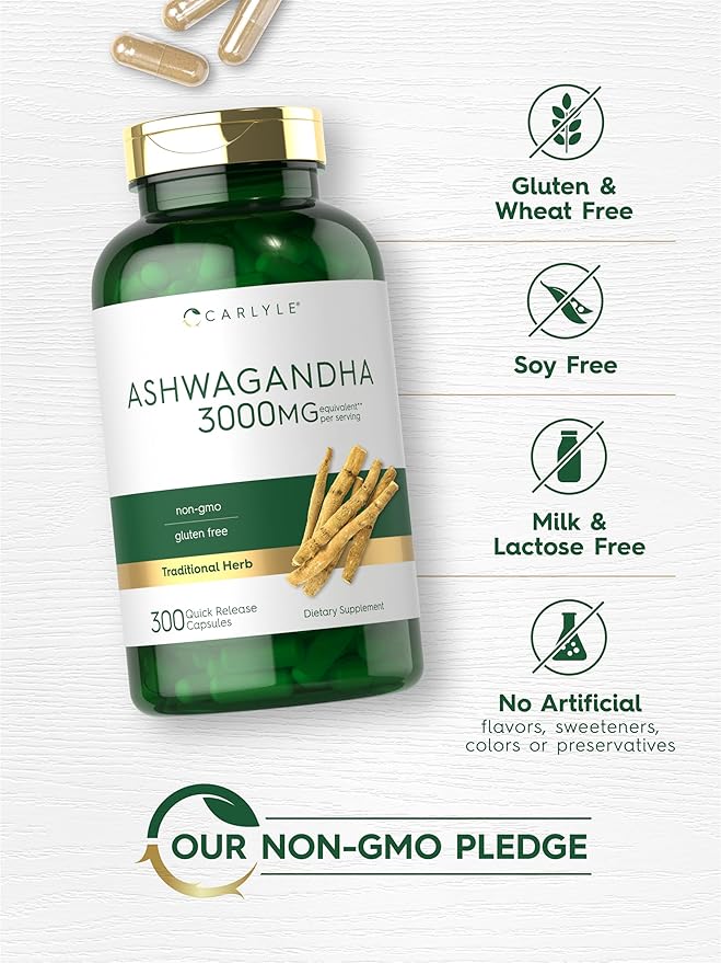 Carlyle Ashwagandha Supplement 3000mg | 300 Capsules | Root Extract Supplement | Non-GMO, Gluten Free