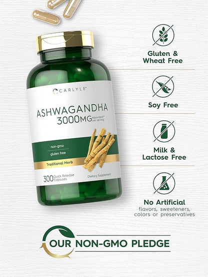 Carlyle Ashwagandha Supplement 3000mg | 300 Capsules | Root Extract Supplement | Non-GMO, Gluten Free