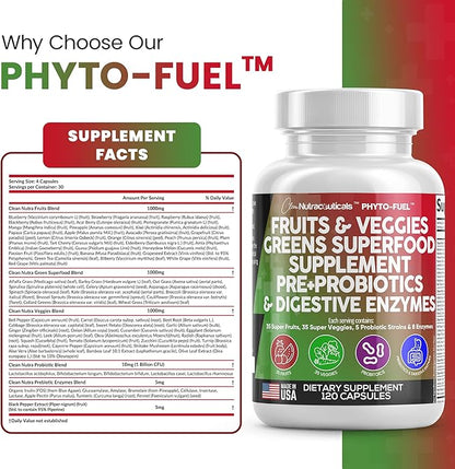 Clean Nutraceuticals Fruits and Veggies Supplement Reds & Green Superfood - Balance of Over 70 Fruit & Vegetable Supplements Capsules with Probiotics Prebiotics Digestive Enzymes - 120 Ct USA