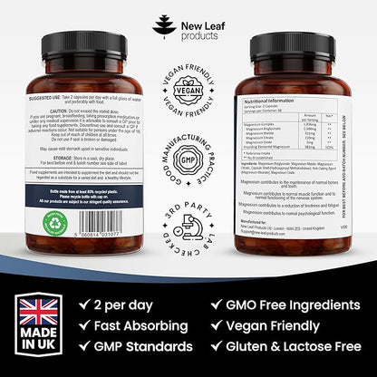 Magnesium Glycinate 4-in-1 Complex 2000mg - 449mg Elemental Magnesium High Strength Magnesium Supplements - Magnesium Bisglycinate,Citrate, Malate, Oxide - 120 Capsules - Vegan UK Made by New Leaf